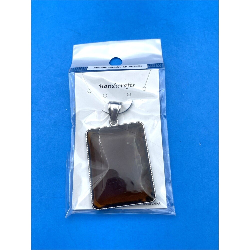 Vintage Smoky Quartz Pendant in Original Package Silver Tone Rectangle